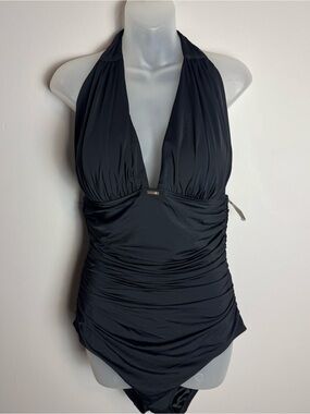 NWT Victoria's Secret Black Halter Plunge Ruched One-Piece Swimsuit Size XL